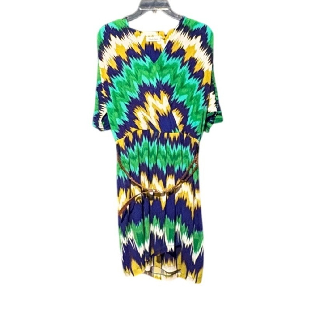 5 for $25 Calvin Klein Green Blue Yellow Chevron Ikat Faux Wrap Belted Dress 4P - Picture 8 of 9